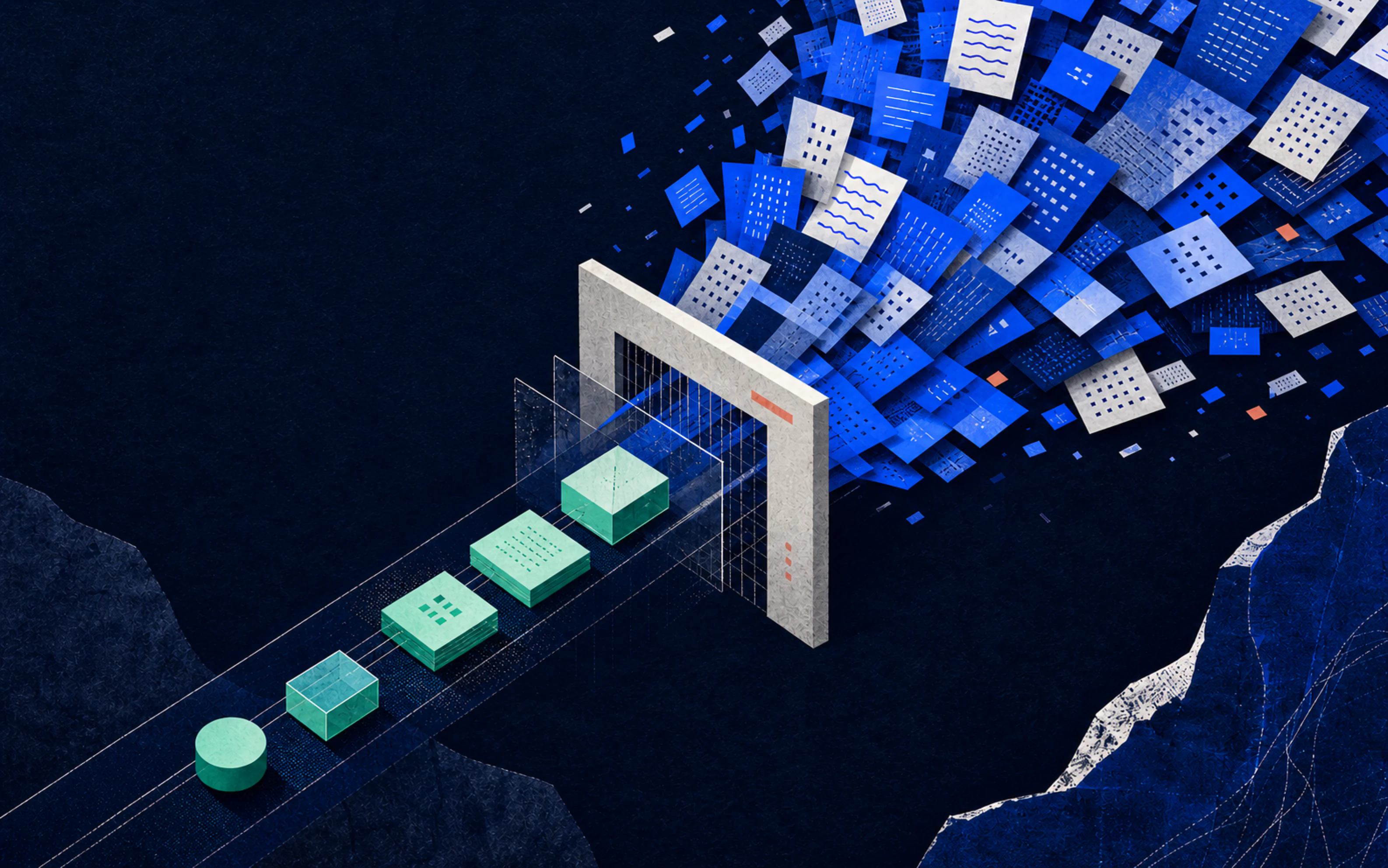 A torrent of blue work artifacts passing through a narrow review gate and emerging as a few precise production-ready forms.